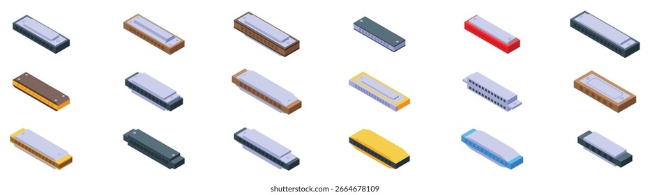  Harmonica icons set. Set of harmonica icons representing various designs and colors of this classic blues instrument