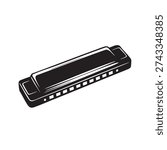 Harmonica is illustrated in a simple black and white graphic style, showcasing its distinctive shape and design elements effectively.
