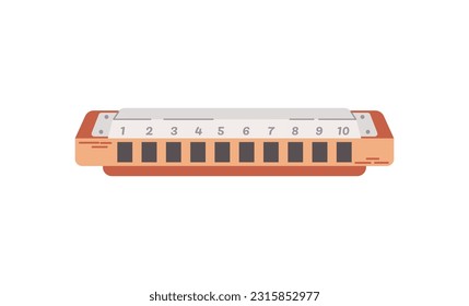 Harmonica isolated on white background. Wind musical instrument. Vector cartoon illustration.