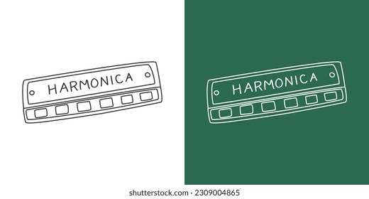 Harmonica Linie Zeichnen Cartoon Stil. Harmonikartzeichnung aus Holzblasinstrumenten im linearen Stil einzeln auf weißem und kreidigem Hintergrund. Konzept der Musik-Instrumentenklammer, Vektordesign