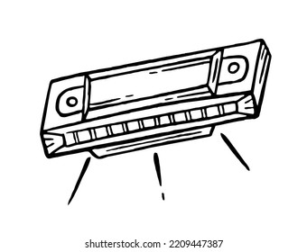 Harmonica musical instrument style  hand drawn. Vector black and white doodle 