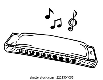 Harmonika-Skizze, Vektorgrafik einzeln auf weißem Hintergrund. Mundorgan, Lippenkonkordition