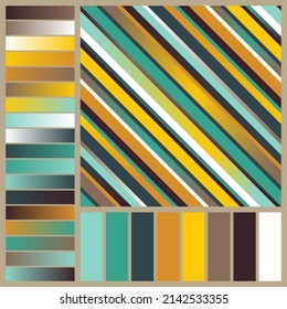 Harmonious Autumn Color Palette with Striped Seamless Pattern for Inspiration. Composition of Brown, Green, Yellow, Mint,  White Stripes. Unique Colour Scheme for Creative Use.