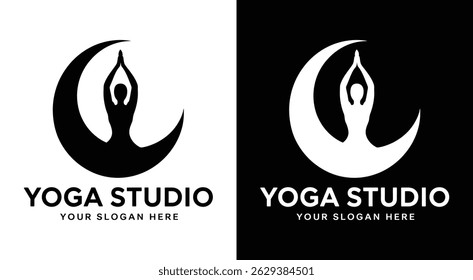 Um logotipo preto harmonioso mesclando uma silhueta de ioga com lua crescente, incorporando equilíbrio interno e prática noturna. Perfeito para estúdios de ioga, espaços de meditação e marcas de bem-estar