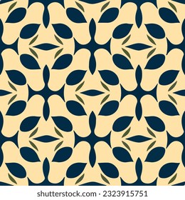 Harmonious blend of blue and yellow creates captivating pattern adorned with elegant leaves. seamless and repeating fabric design embodies elements of art deco, making it visually.