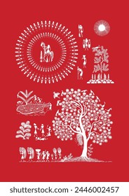 Harmonious Bliss - Warli Art Capturing the Joy of Indian Rural Life. Joyful Traditions - Warli Art Celebrating Indian Rural Life. Warli Art Happiness. Traditional Wall Decor.