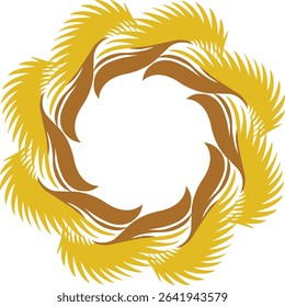 A harmonious circular abstract design featuring stylized golden and brown feather or leaf-like elements arranged radially, perfect for natural, decorative backgrounds or artistic prints.