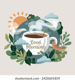 Harmonious coffee illustration with good morning inscription. With a steaming cup of coffee and chirping birds, a sun symbol and plants hugging the Earth