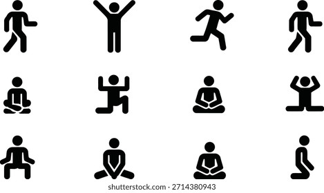 Colección armoniosa de figuras de palo negro que muestran movimientos de caminar y correr diariamente para calmar las posturas de yoga y meditación.