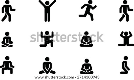 Harmonious collection of black stick figures displaying movements from daily walking and running to calm yoga and meditative stances.