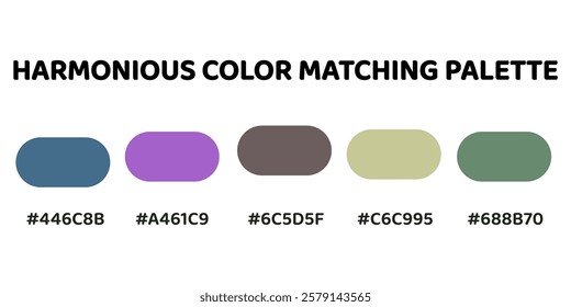 Harmonious color palette blends cool and warm tones for a dynamic yet balanced aesthetic. deep blue, vibrant purple, muted grey, soft yellow, olive green. Perfect for vibrant, elegant designs. 124.