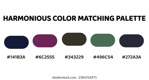 Harmonious color palette blends deep, moody tones with vibrant contrast. dark navy, slate, bold magenta, charcoal grey, muted green. Introduces natural balance, perfect for luxurious. 159.