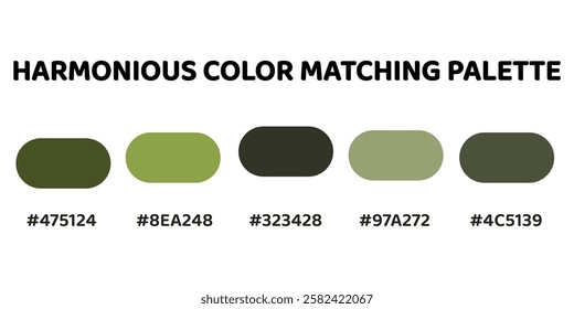 Harmonious color palette blends rich greens and muted tones for a natural, balanced aesthetic. deep olive, vibrant lime, charcoal grey, soft sage, muted khaki. Ideal for rustic, eco-friendly. 169.