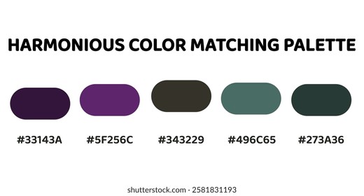 Harmonious color palette combines deep, rich tones for a bold and sophisticated look. plum, muted purple, dark charcoal, teal, muted green. Perfect for dramatic and refined designs. 158.