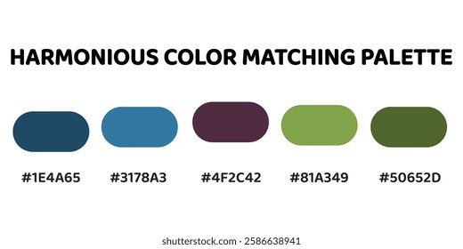 Harmonious color palette creating a balanced and versatile aesthetic. Ideal for designs that require a mix of bold and natural tones.deep teal, vibrant blue, muted mauve, soft olive, earthy green. 260