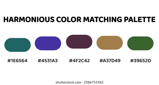 Harmonious color palette creating a balanced blend of cool and warm tones. Perfect for designs that aim for a sophisticated look. teal, purple, mauve, terracotta, olive. 262.