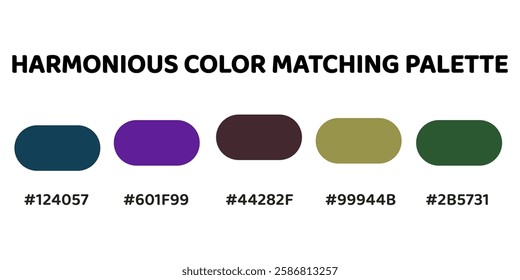 Harmonious color palette creating a balanced mix of cool and warm tones. Perfect for designs that seek a sophisticated aesthetic. navy blue, deep purple, muted maroon, golden olive, forest green. 268.