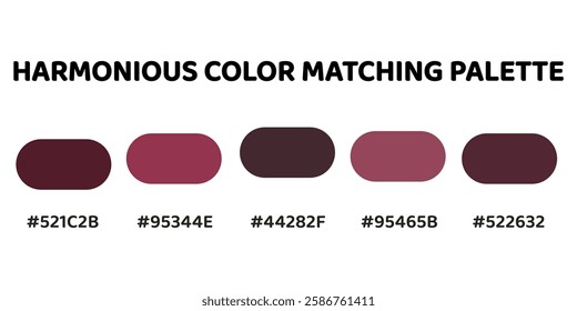 Harmonious color palette creating a sophisticated and elegant aesthetic. Ideal for luxurious and refined visual projects. deep burgundy, rich red, muted maroon, soft rose, dark crimson. 264.