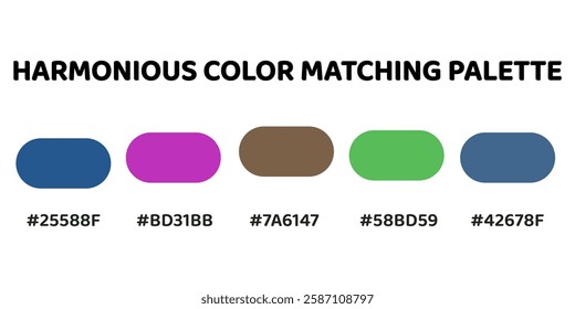 A harmonious color palette with deep blue (#25588F), vivid magenta (#BD31BB), muted brown (#7A6147), bright green (#58BD59), and soft teal (#42678F). Ideal for vibrant yet balanced designs. 273.