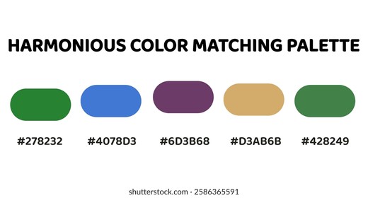 A harmonious color palette. earthy green, deep blue, plum, warm beige, forest green. Ideal for creating a natural, balanced, and visually appealing design with a touch of sophistication. 255.