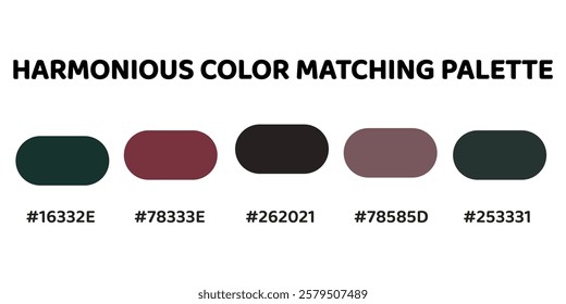 Harmonious color palette features deep. Creates a bold, sophisticated aesthetic, ideal for luxury and modern designs. Perfect for fashion, high-end interiors. green, burgundy, charcoal, mauve. 131.