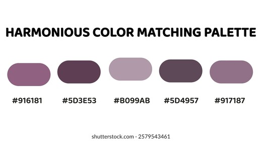 Harmonious color palette features muted plum, deep purple, lavender, gray. It creates a sophisticated, calming aesthetic, ideal for elegant and modern designs. Perfect for interiors, branding. 133.