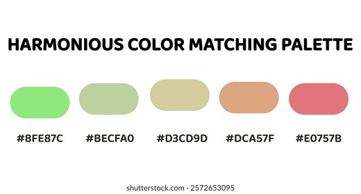 A harmonious color palette with five colors. This palette creates a balanced and harmonious impression, with colors that complement each other well, namely Light Green, Pale Green, Beige, Peach, Rose.