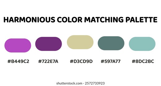Harmonious color palette with five colors. This palette combines warm and cool tones, creating a balanced, aesthetic. Bright Purple, Deep Purple, Creamy Beige, Dusty Teal, Soft Mint