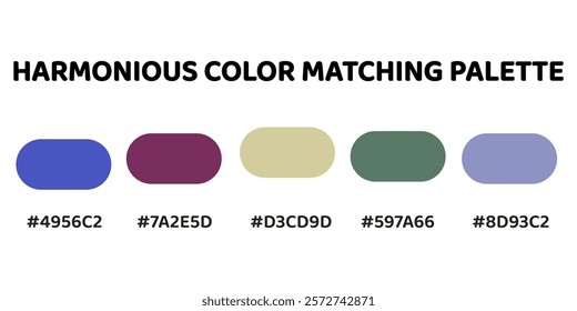 Harmonious color palette with five colors. Palette combines warm and cool tones, creating a balanced and visually appealing aesthetic. Royal Blue, Deep Purple, Creamy Beige, Sage Green, Dusty Blue.