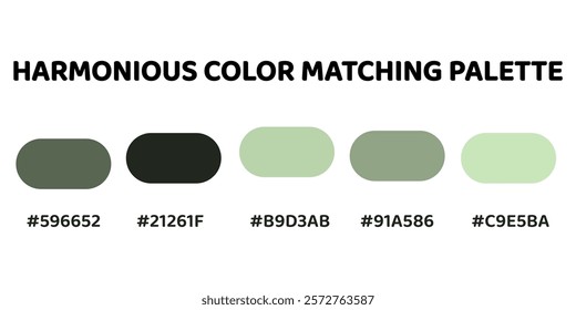 Harmonious color palette with five colors. This palette creates a cohesive and natural look, perfect for nature-inspired designs. Deep Moss Green, Forest, Sage Green, Olive Green, Pale Green.