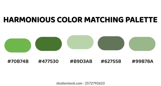 Harmonious color palette with five colors. This palette creates a cohesive and natural look, perfect for nature-inspired designs. Light Green, Forest , Sage Green, Olive Green, Mint Green.