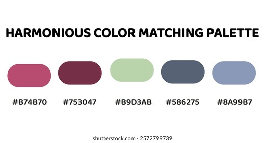 Harmonious color palette with five colors. This palette combines warm and cool tones, creating a balanced and visually appealing aesthetic. Rose, Burgundy, Sage Green, Steel Blue, Dusty Blue.