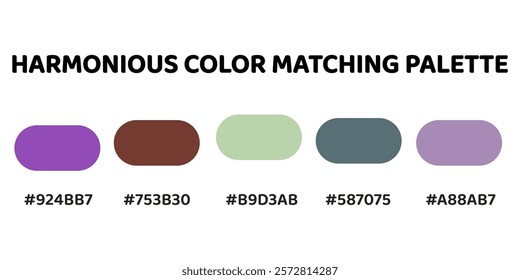 Harmonious color palette with five colors. This palette combines warm and cool tones, creating a balanced and visually appealing aesthetic. Violet, Maroon, Sage Green, Slate Gray, Lavender.