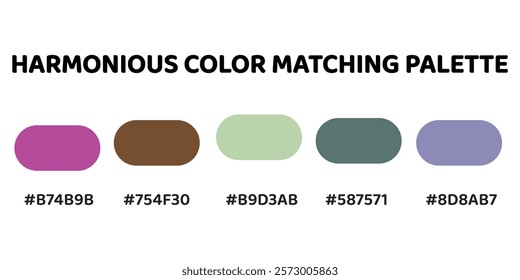 Harmonious color palette with five colors. This palette combines warm and cool tones, creating a balanced and visually appealing aesthetic. Rose, Maroon, Sage Green, Slate Gray, Lavender. 12.