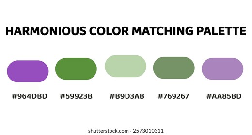 Harmonious color palette with five colors. This palette combines warm and cool tones, creating a balanced and visually appealing aesthetic. Violet, Olive Green, Sage Green, Moss Green, Lavender. 13.