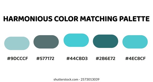 Harmonious color palette with five colors. This palette creates a cohesive and calming look, perfect for aquatic-themed designs. Light Teal, Steel Blue, Turquoise, Teal, Aqua. 14.