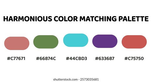 Harmonious color palette with five colors. This palette combines warm and cool tones, balanced and visually appealing aesthetic. Rose, Olive Green, Turquoise, Violet, Coral. 17.