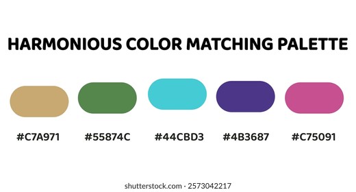 Harmonious color palette with five colors. This palette combines warm and cool tones, balanced and visually appealing aesthetic. Sand, Olive Green, Turquoise, Indigo, Magenta. 18.