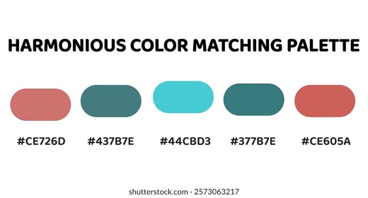 Harmonious color palette with five colors. This palette creates a cohesive and calming look, perfect for aquatic-themed designs. Coral, Teal, Turquoise, Teal, Coral. 19.