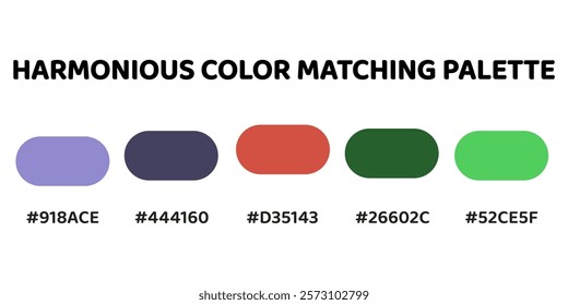 Harmonious color palette with five colors. This palette combines warm and cool tones, balanced and visually appealing aesthetic. Lavender, Charcoal, Salmon, Forest Green, Spring Green. 22.