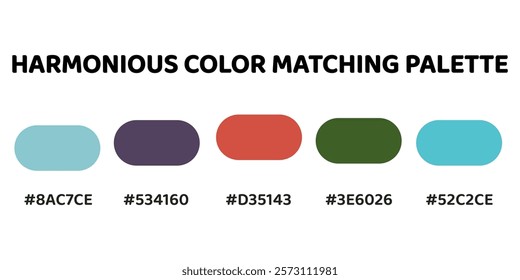 Harmonious color palette with five colors. This palette combines warm and cool tones, balanced and visually appealing aesthetic. Light Teal, Charcoal, Salmon, Forest Green, Turquoise. 23.