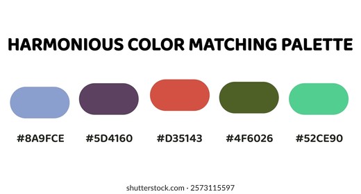 Harmonious color palette with five colors. This palette combines warm and cool tones, balanced and visually appealing aesthetic. Dusty Blue, Charcoal, Salmon, Forest Green, Spring Green. 24.