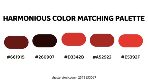 Harmonious color palette with five colors. This palette creates a cohesive and energetic look, perfect for designs that require a bold. Maroon, Dark Brown, Tomato Red, Brick Red, Coral Red. 26.