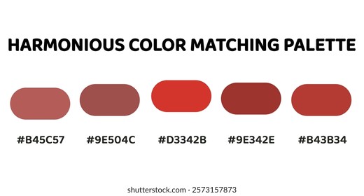 Harmonious color palette with five colors. This palette creates a cohesive and natural look, perfect for nature-inspired designs. Rose, Mahogany, Tomato Red, Brick Red, Terracotta. 27.