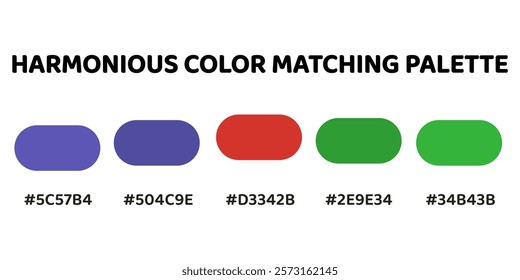 Harmonious color palette with five colors. This palette combines warm and cool tones, balanced and visually appealing aesthetic. Periwinkle, Slate Blue, Tomato Red, Emerald Green, Spring Green. 28.