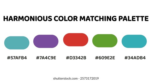 Harmonious color palette with five colors. This palette combines warm and cool tones, balanced and visually appealing aesthetic. Light Teal, Violet, Tomato Red, Forest Green, Turquoise. 29.