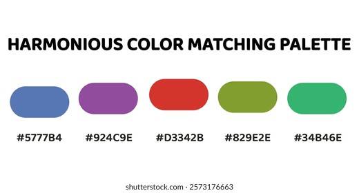 Harmonious color palette with five colors. This palette combines warm and cool tones, balanced and visually appealing aesthetic. Steel Blue, Violet, Tomato Red, Olive Green, Spring Green. 30.