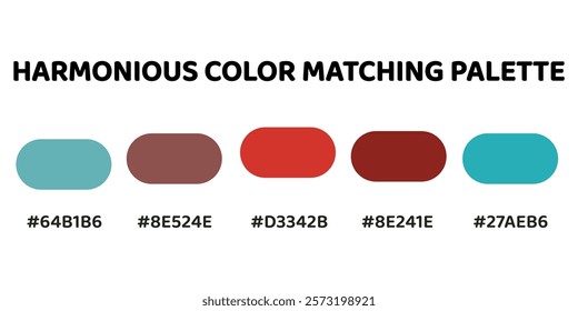 Harmonious color palette with five colors. This palette combines warm and cool tones, balanced and visually appealing aesthetic. Light Teal, Taupe, Tomato Red, Maroon, Turquoise. 31.