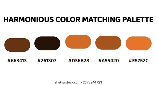 Harmonious color palette with five colors. This palette creates a cohesive and natural look, perfect for nature-inspired designs. Brown, Dark Brown, Terracotta, Copper, Orange. 32.