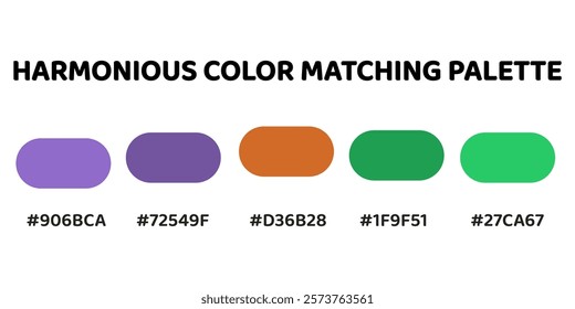 Harmonious color palette with five colors. This palette combines warm and cool tones, balanced and visually appealing aesthetic. Lavender, Slate Blue, Terracotta, Emerald Green, Spring Green. 34.